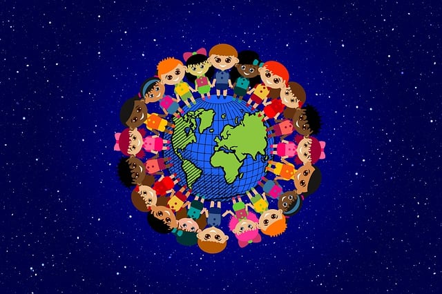 Free children hand in hand globe illustration