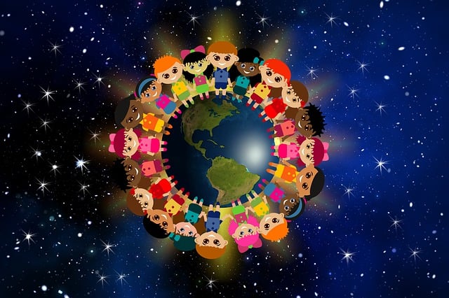 Free children hand in hand globe illustration