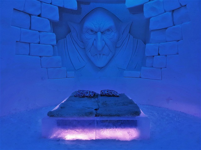 lapland, ice cream, bedroom, bed, room, hotel, icy, blue, linen, leaves, comfortable, rest, the interior of the, design, apartment, tourist attraction, lifestyle, vampire, vampires, light, ice formation, cool, snowhotel, nature, darkness