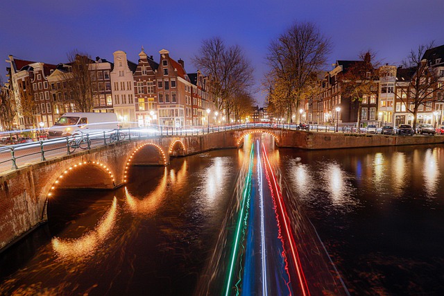 amsterdam, channels, canals, night photograph, light tracks, lighting, christmas, netherlands, holland, city, nature, water, europe, tourism, architecture, building, happychristmas