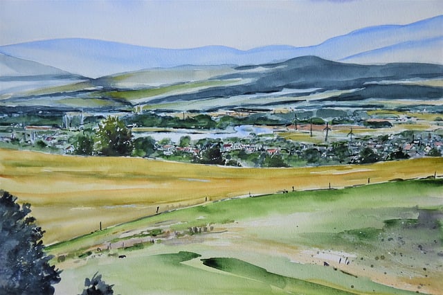 Land, Ausblick, Malerei, Aquarell, Kunst
