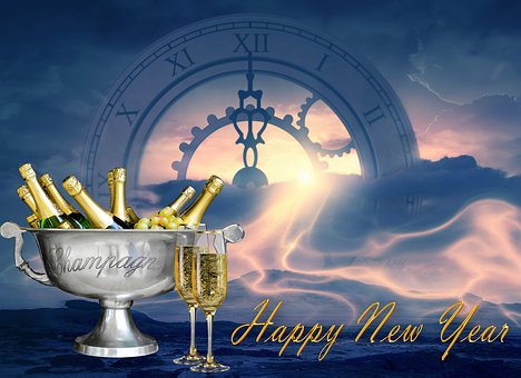 Feliz Ano Novo, Relógio, Champanhe