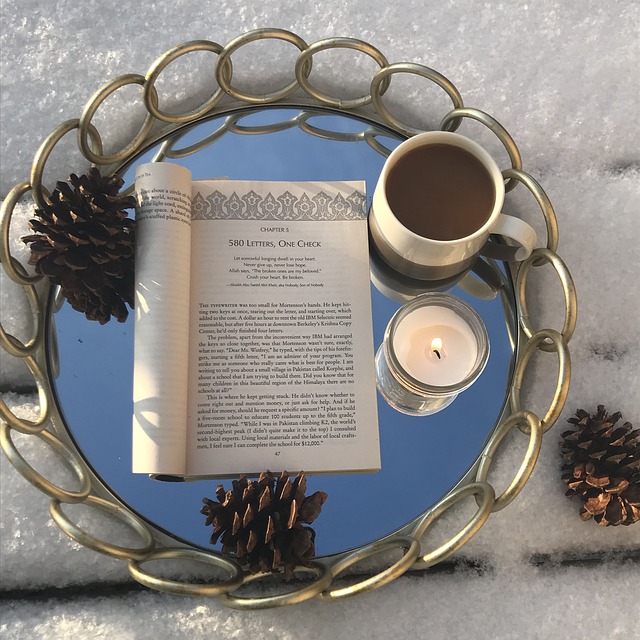 本, コーヒー, 雪, 冬, 居心地の良い, 読む, 家, カップ, お茶, 朝
