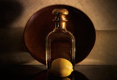 Limón, Botella, Plato, Alcohol, Líquido