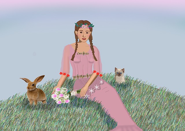 Free young woman rabbit beautiful kitten illustration