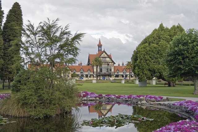 new zealand, rotorua, tudor towers, old bathhouse, nature, bathhouse, gouvernours gardens, house, building, garden, park, lawn, heaven, clouds, pond, water, north island