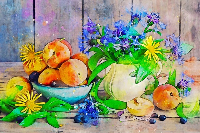 Free still life fruits vase illustration
