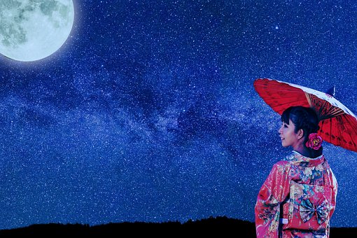 Japão, Garota, Noite, Lua, Mulher