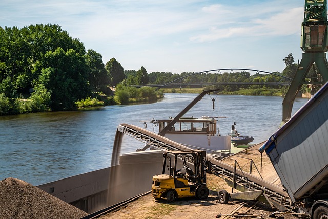 port, ship, loading, nienburg, weser, container, transport, trade, feed, animal feed, forklift, forklift, forklift, forklift, forklift, forklift