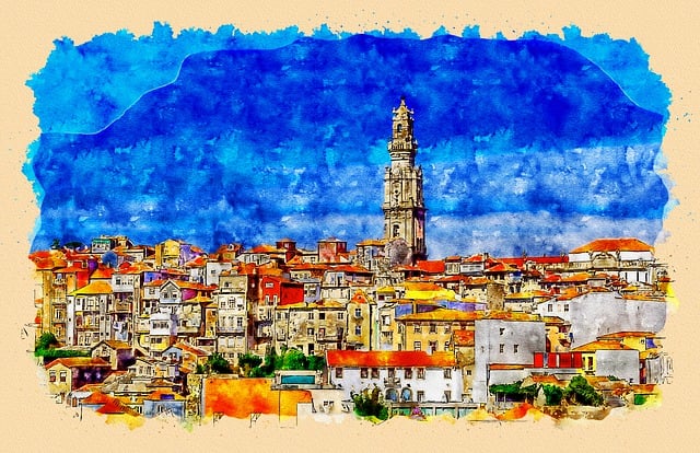 Free old town porto with clerigos tower aquarelle bell tower illustration