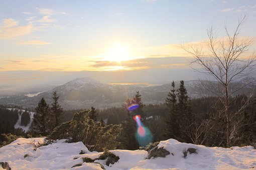 Bergen, Norge, Fløy, Bjerg, Vinter, Sol