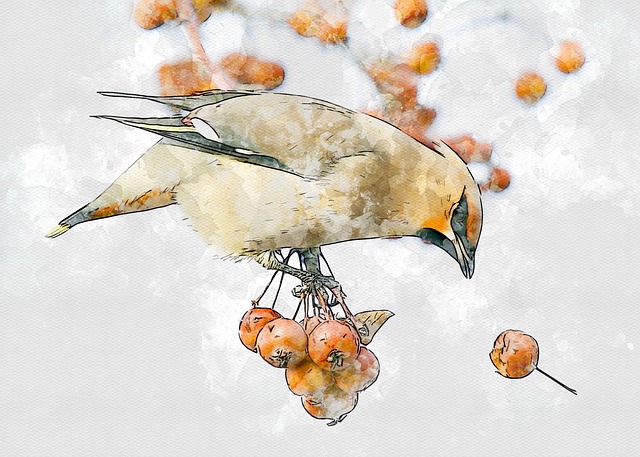 Free bohemian waxwing hawthorn bird illustration