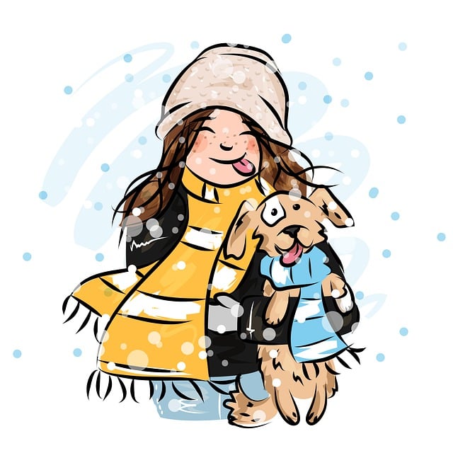 Winter, Snow Day, Art Work, Girl, Dog