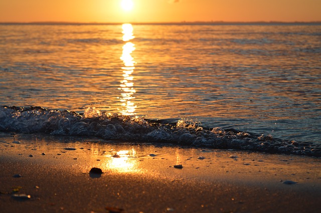 Vand, Ocean, Sol, Solnedgang, Strand