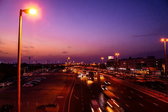 Pôr Do Sol, Rua, Tráfego, Dubai, Cidade