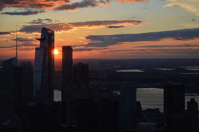 New York, Solnedgang, By, Skyline