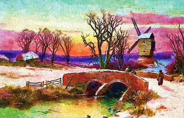 Free winter sunset bridge illustration