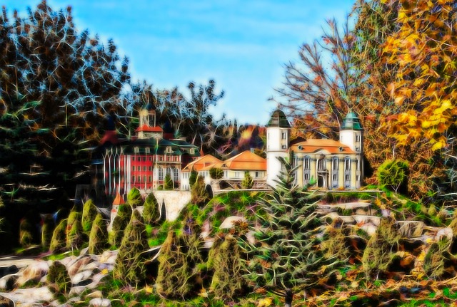 Free wallpaper miniature park ksiaz castle illustration