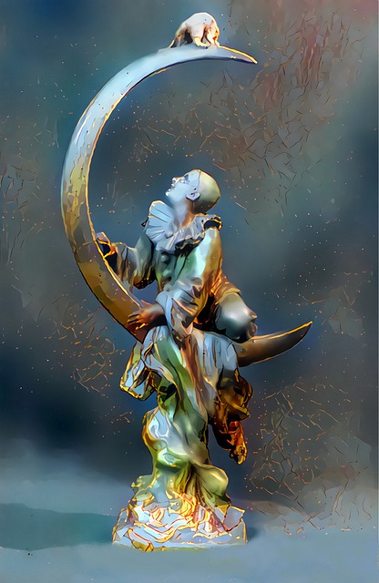 Skulptur, Pierrot, Katze, Gold, Licht