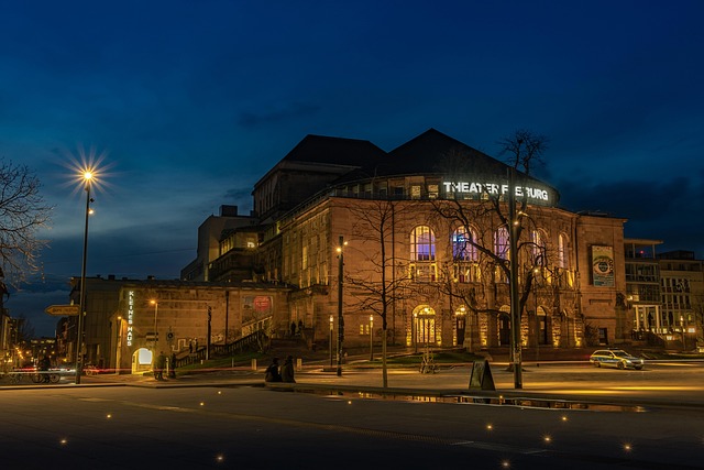 building, architecture, illuminated, city lights, stadttheater, freiburg, facade, culture, historical, nature, art, music, night, sky, night photography, night sky