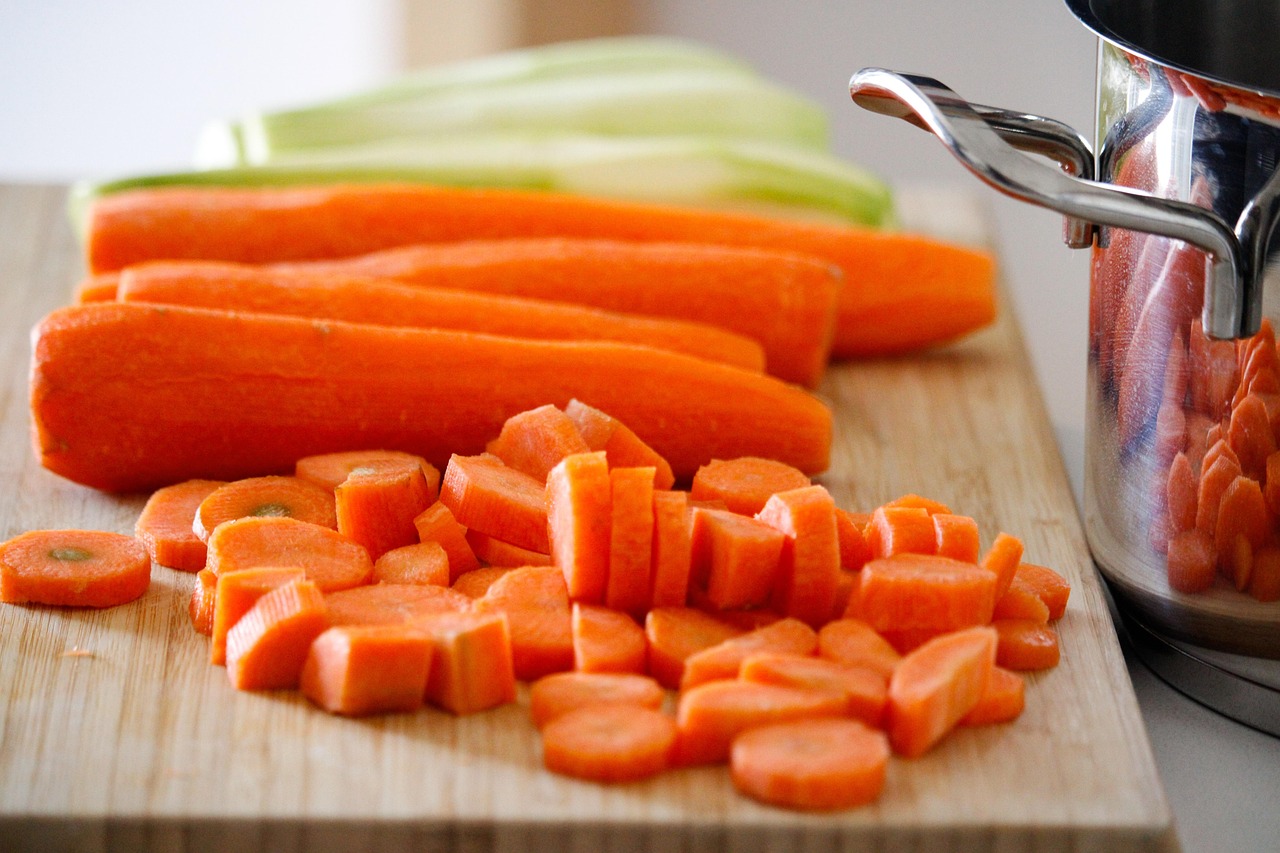soup, carrots, zucchini, potatoes, pot, detox, orange, cooking, cutting board, pieces