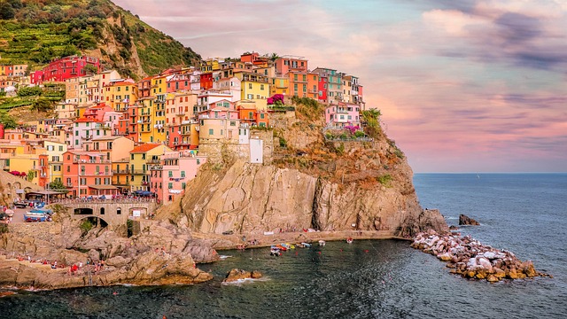 cinque terre, italy, sunset, mediterranean, liguria, village, coast, landscape, rock, tourism, cliff, nature, seaside, travel, sea