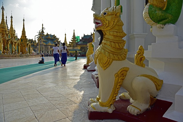 Pagode, Löwe, Statue, Golden, Yangon