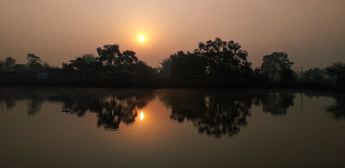 Dorp, Vijver, Zonsopkomst, Natuur
