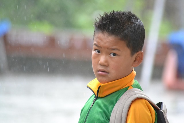 Garoto, Filho, Uniforme, Aluna, Chuva