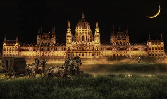 Fantasy, Castle, Shining, Night, Horses