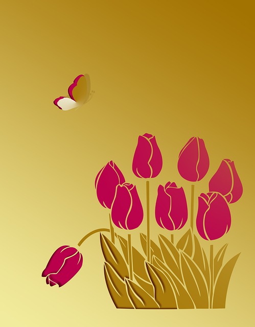 Tulipaner, Sommerfugl, Gull, Rød Lakk