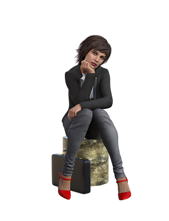 Vrouw, Business, Wachten, Denken, Jeans, Bagage, Pose