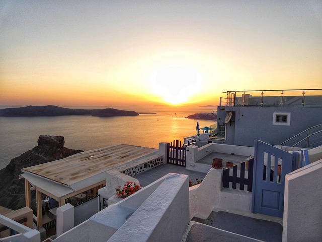 sunset, to travel, greece, sea, santorini, houses, nature, chaldea