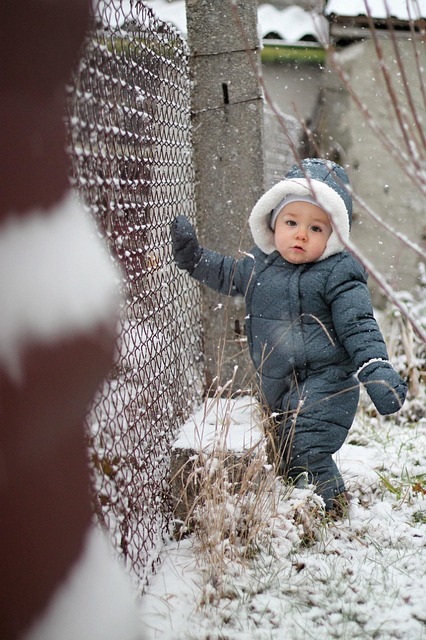 gardens, snow, joy, winter, nature, white, baby boy, boy, child, baby, jumpsuit, it is snowing, dusting, cold