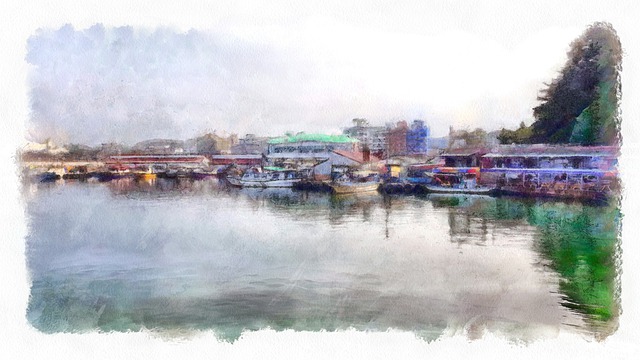 Aquarell, Ozean, Hafen, Natur