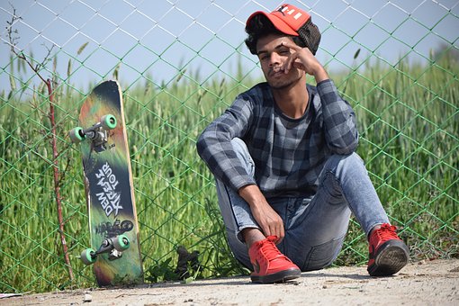 Porträt, Skateboard, Lächeln, Skater