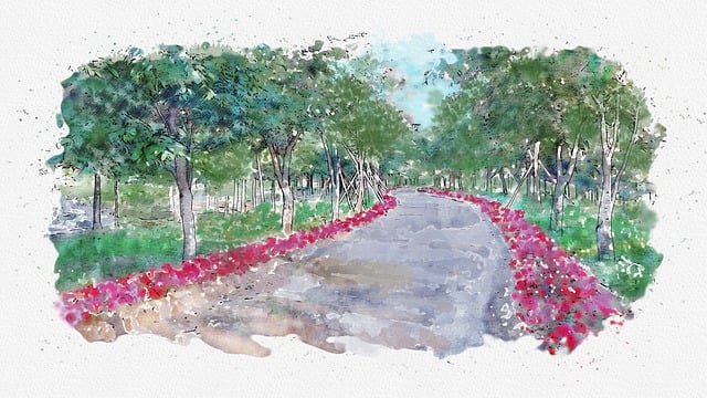 Free watercolor flower road promenade illustration