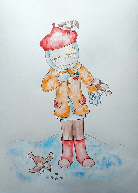 Mädchen, Winter, Schnee, Vögel