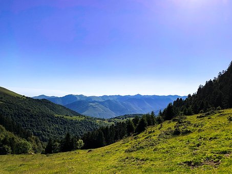 Vrch, Neba, Stromy, Modrá, Zelená, Polia