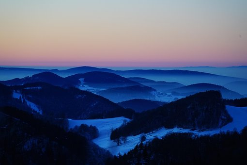 Belchenflue, 瑞士侏罗, 冬天, 有雾的风景, 蓝色小时, 日落