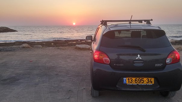 Strand, Mitsubishi, Solnedgang, Tid