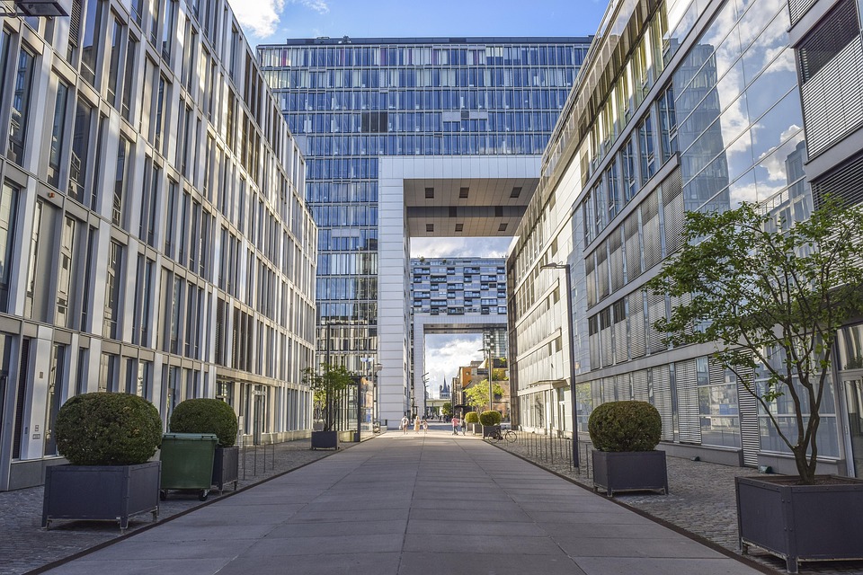 A pass between two buildings in one of the business centers.