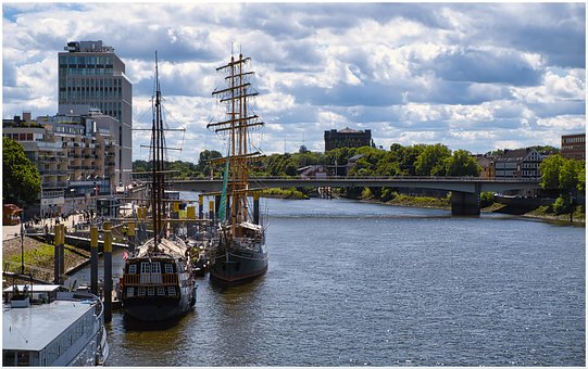 Skyline, Sejlskib, Havn, Vand, Skib, By