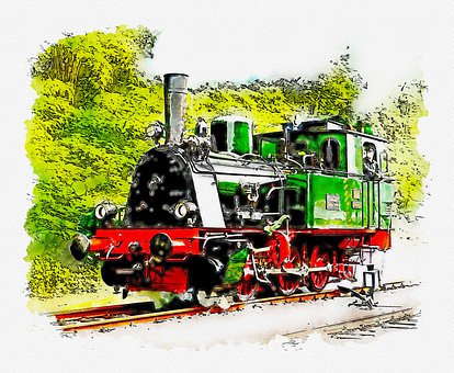 Locomotivă, Tren, Acuarelă, Peisaj
