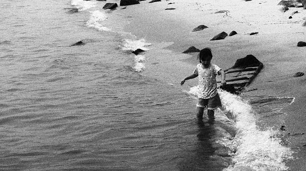 Mädchen, Meer, Spielen, Strand, Bw