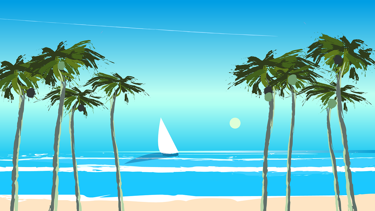 Download free HD stock image of Beach Sea Free beach sea palms illustration