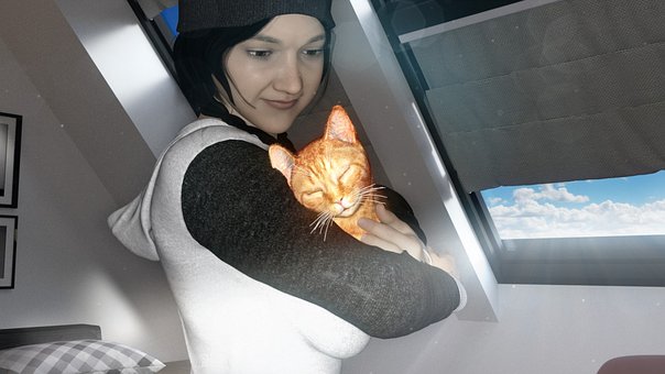 Vrouw Met Kat, Slaapkamer, Opbeurend