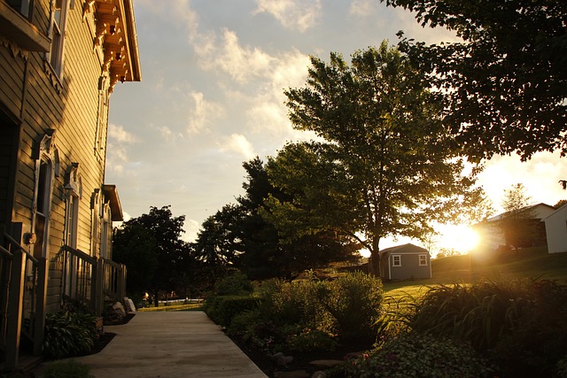 sunset, house, victorian, trees, sky, sunlight, landscape, nature, sun, path, sunbeam, lighting, evening