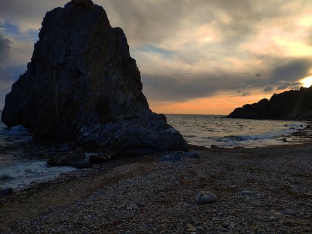 Mar, Praia, Rocha, Pôr Do Sol, Verão