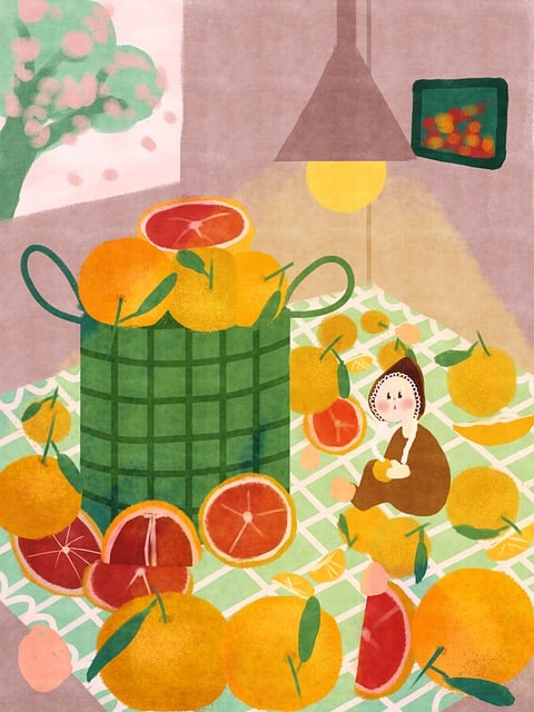 Niña, Fruta, Dibujos Animados, Naranjas